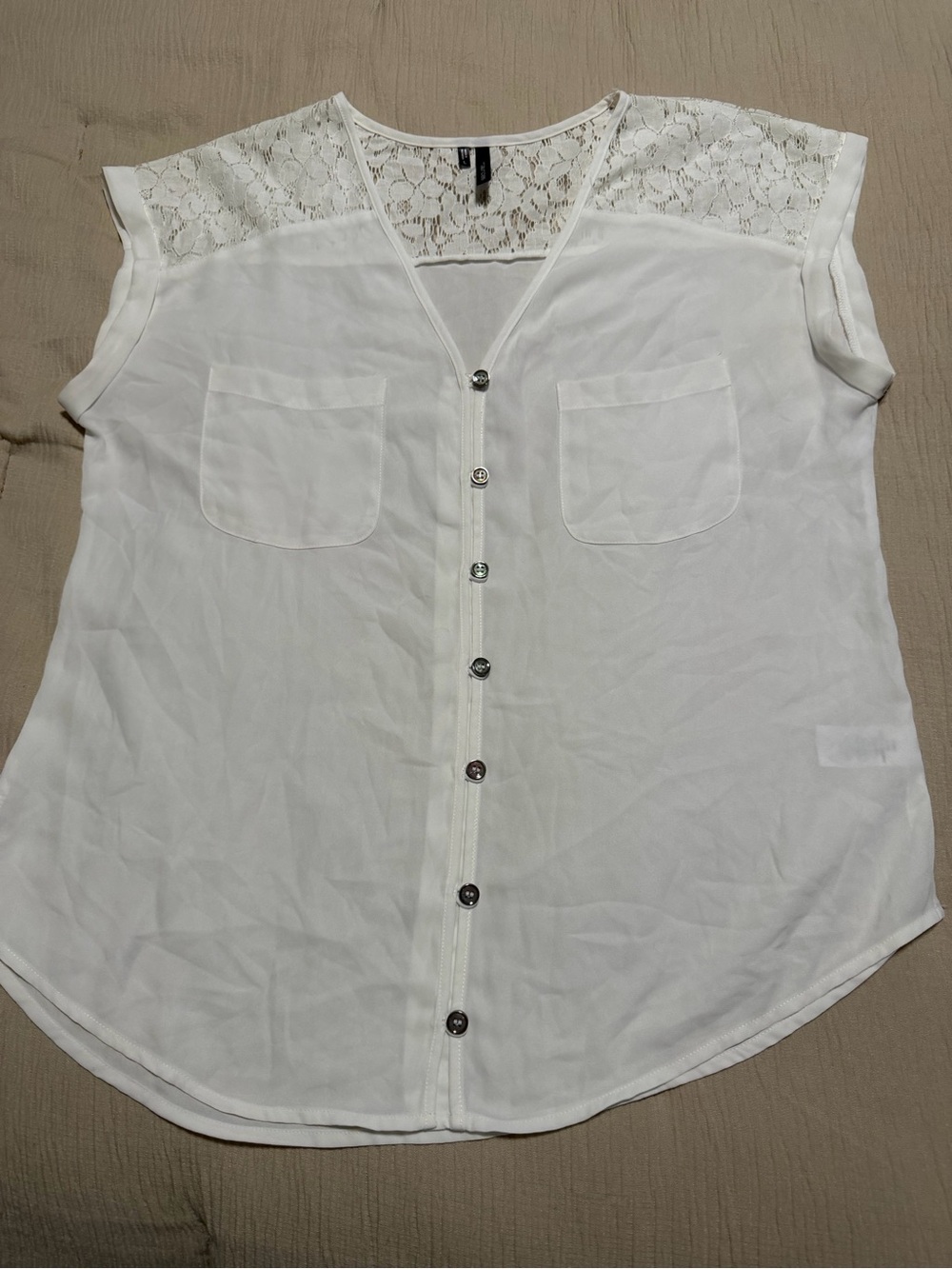 Maurices White Lace-Yoke Button-Front Womens Top
